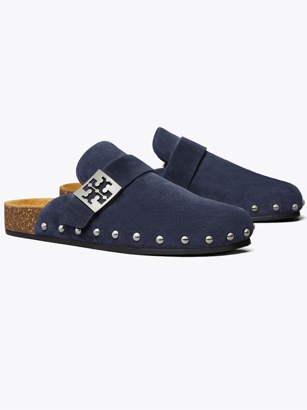 Tory Burch Mellow Stud Mules in Navy Suede Cork Sole Silver Stud Accent